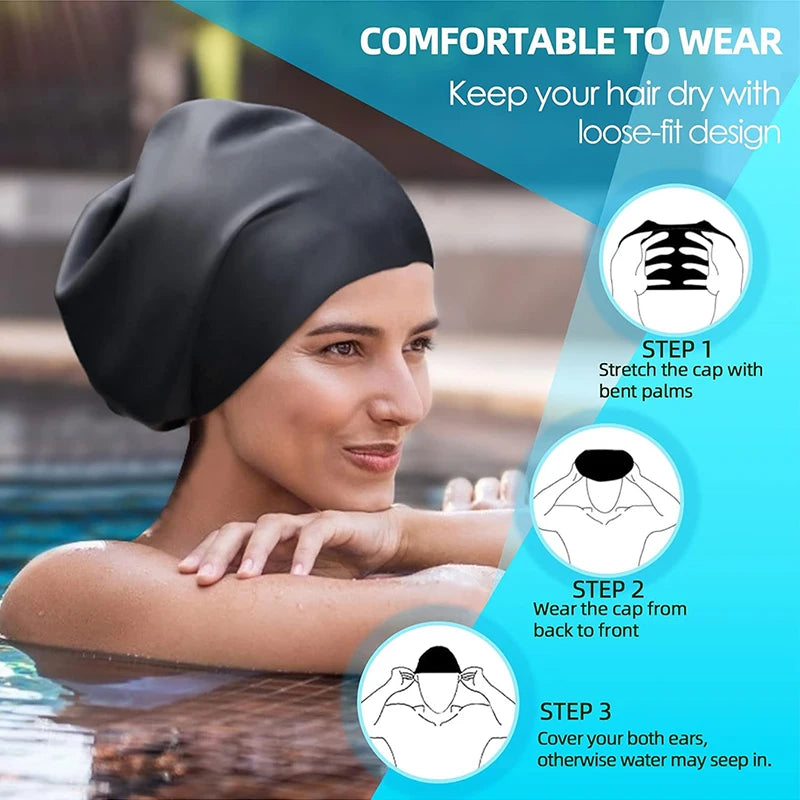 Extra Large Silicone Swimming Cap with Long Hair and Dirty Braids All Inclusive Adult Style Swimming Cap Soft and Comfortable