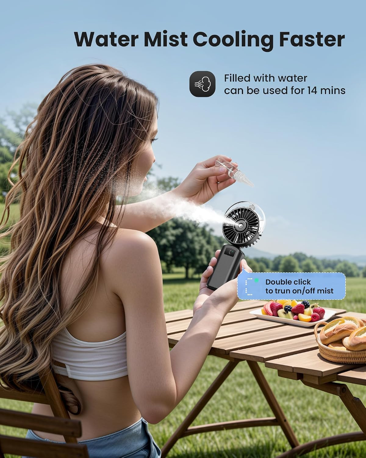 Portable Misting Fan, 180° Foldable Handheld, 3 Speeds USB Rechargeable, Spray Water Mist with LED Digital Display, Personal Cooling Mini Hand Fans for Travel, Hiking, Concert, Outdoor, Black