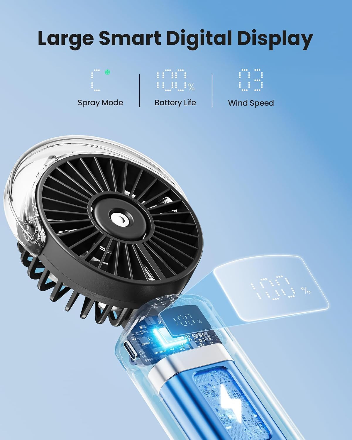 Portable Misting Fan, 180° Foldable Handheld, 3 Speeds USB Rechargeable, Spray Water Mist with LED Digital Display, Personal Cooling Mini Hand Fans for Travel, Hiking, Concert, Outdoor, Black