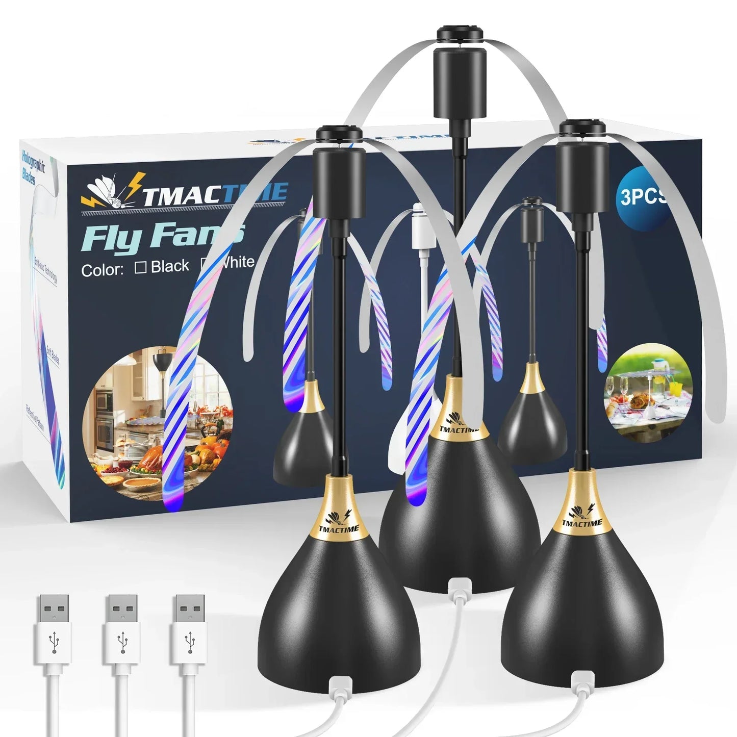 2/3Pcs Fly Fans for Tables Effective Fly Repellent Fan Keeps Flies Away with Soft Blades USB Picnic BBQ Party Fly Fans